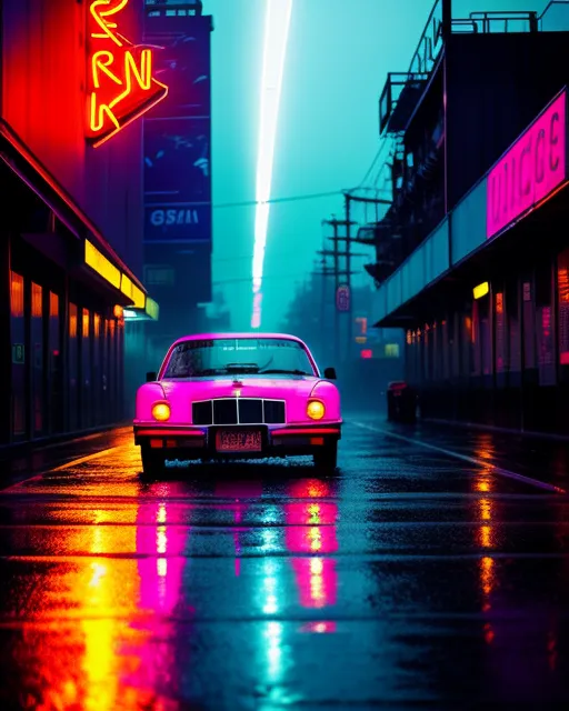 neon dreamsneon dreams photography, a vintage car under neon signs in a rainy city, retrofuturistic vibes, wet pavement, neon reflections, city street, rainsoaked night, urban fantasy, mood, rainy night, nostalgia, neon glow effects, 1980s, shot on leica q2, low angle view, tom harris style, neon glow, synthwave, urban noir, wet, reflective, slick texture, vintage, car, neon, rain, retro, Mysterious