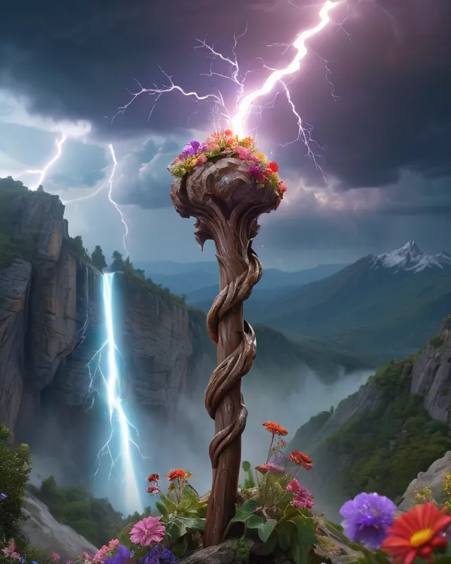 Giant intricately detailed magical wooden staff coming out the top of a mountain, lightning, supernova, waterfalls, flowers,  extreme detail,  digital art,  4k,  ultra hd,  detailed,  vibrant,  sharp focus,  wlop, beautiful fantasy landscape,  realistic and natural,  cosmic sky,  detailed full-color,  nature,  hd photography,  realistic surrealism,  elements by nasa,  magical,  detailed,  gloss,  hyperrealism