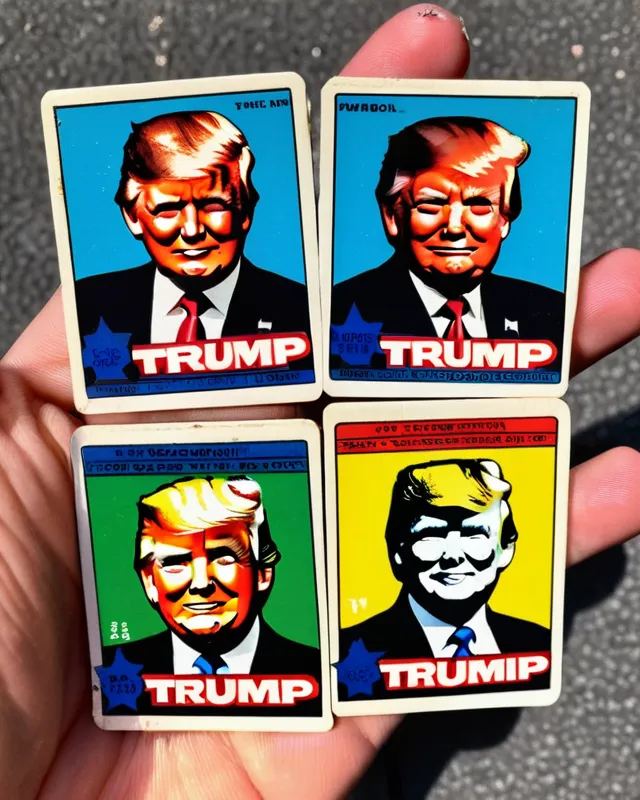 Vintage Topps Trump presidential trading cards from the 1980’s, distressed, scratched, in the style of garbage pail kids, Risograph