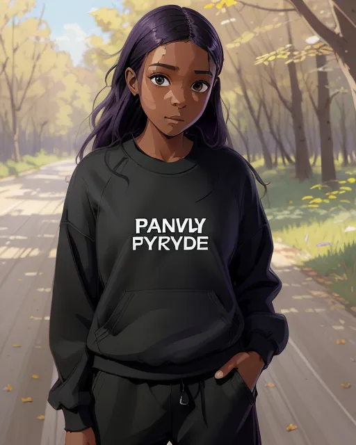 Dark skinned teenage GIRL with purple eyes wearing black sweat pants and a black long sleeve shirt standing in the forest