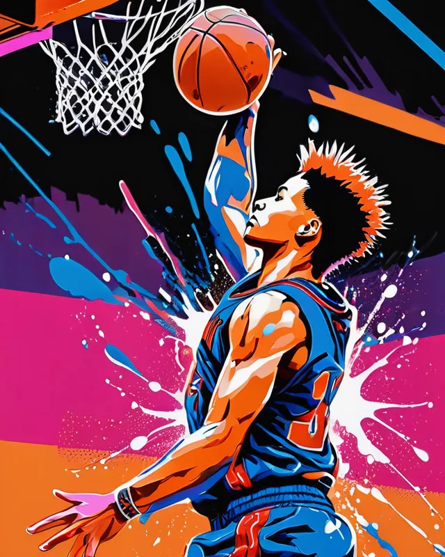 Slam dunk, paint splash, orange, blue, pink, hyper detailed