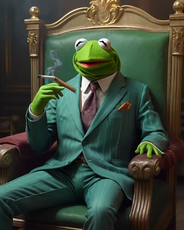 Kermit frog wearing old school pin on - AI Photo Generator - starryai