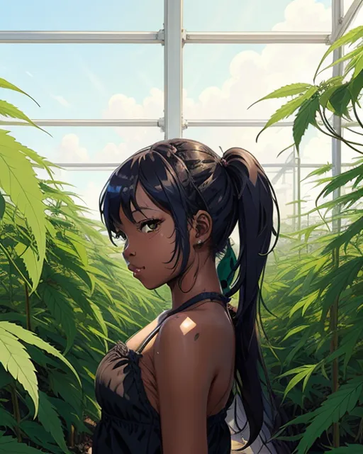 Dark skin catgirl in marijuana greenhouse