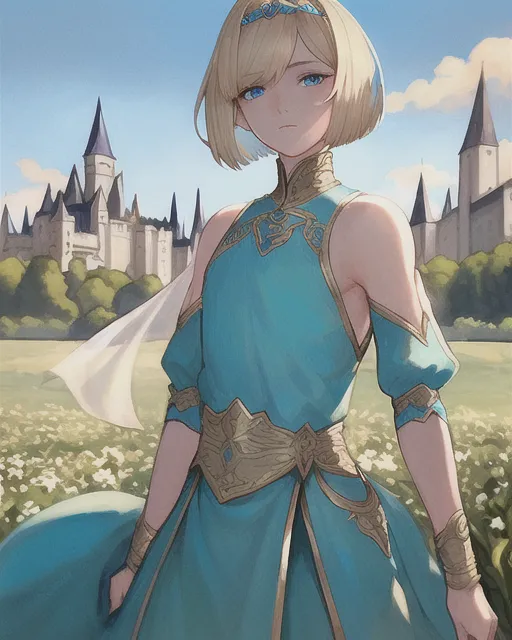 Very Beautiful
Short shoulder length hair . loose Bob cut hair.
Light blonde hair.
Pretty boy.
Beautiful boy.
Sharp blue eyes. Circlet on head.
Royalty.
Portrait Elegant noble. Boy is visible from the Waist up. Bright painting. Majestic castle and rolling green fields in the background