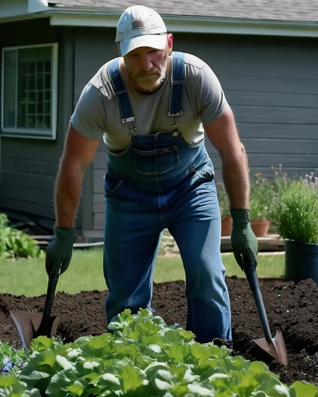A redneck in overalls plowing his garden, he is sweating, it's a hot day, intense, dramatic 4K