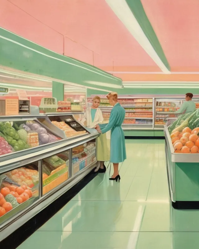 Alien grocery store from the 1950s, Rockwell style painting, charming but eerie, pastel colors, vintage, happy aliens, grocery aisles, funky, extremely retro