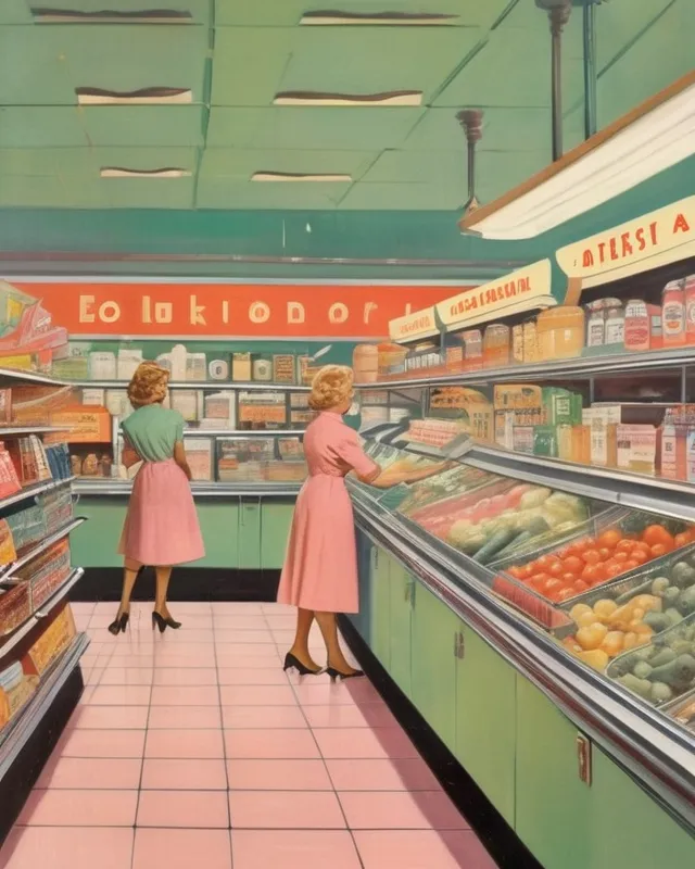 Alien grocery store from the 1950s, Rockwell style painting, charming but eerie, pastel colors, vintage, happy aliens, grocery aisles, funky, extremely retro