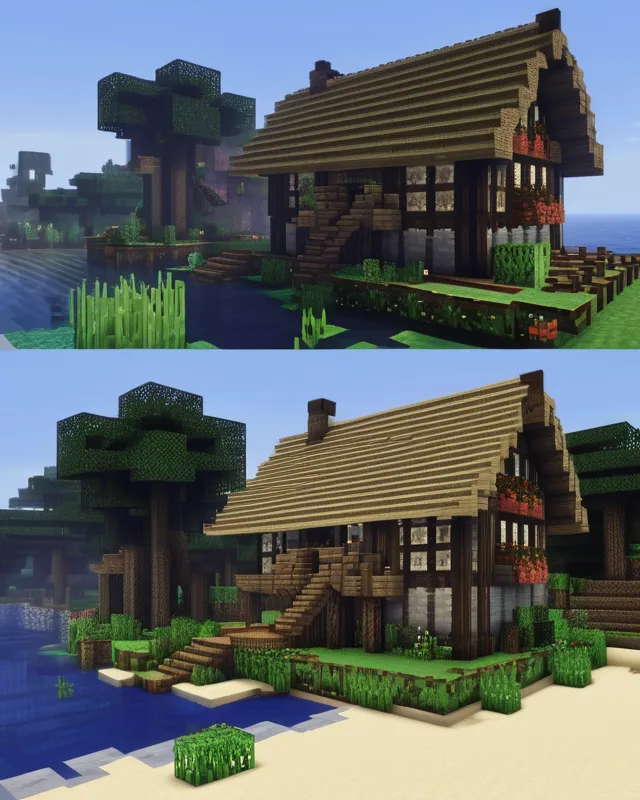 Medieval Minecraft fishing house on a beach near a lake or ocean 