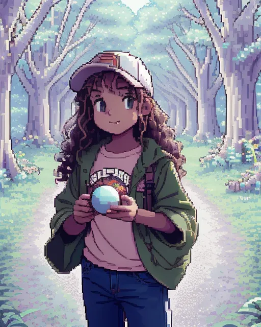 A Girl With brown curly Hair,Wearing A Pink T Shirt And Denim Shorts And Pokemon Ball,Soft Smile, Green Eyes, 11 Year Old Girl, Warrior, in the woods,