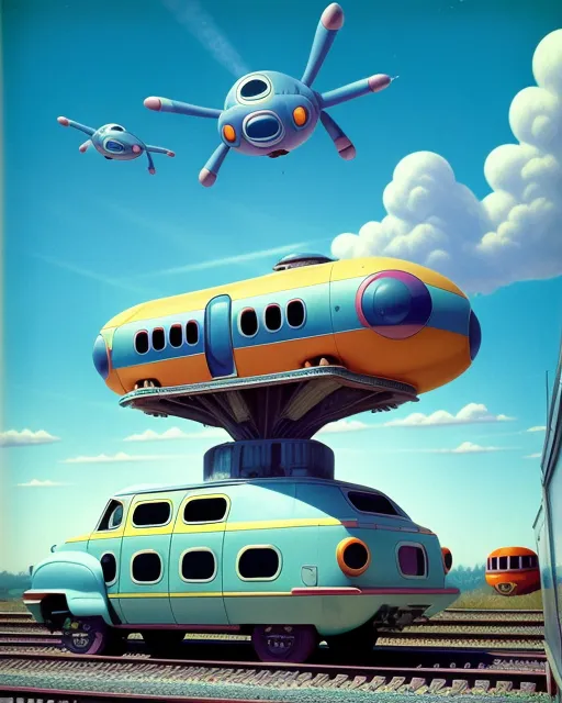 Flying cars and trains zigzagging between massive floating buildings high in the sky
