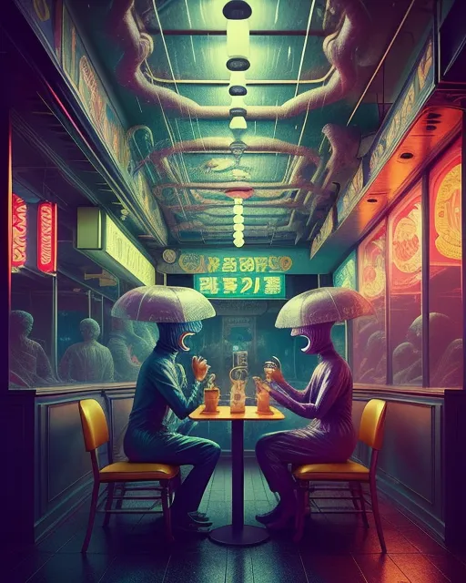 A Tokyo coffeeshop on a shopping Street drenched by rain, trending on artstation, matte painting, concept art, Tonalism, Rendered in Cinema 4D, by Felix Kelly, National Geographic photo, gustave dore, seb mckinnon, gustave dore, alena aenami, aurora, futuristic