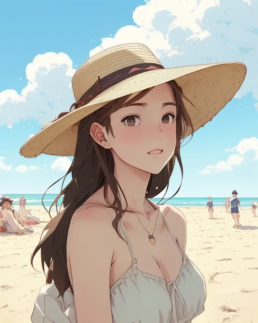 gorges young lady, brown hair swaying in the wind, wearing straw hat, at the beach