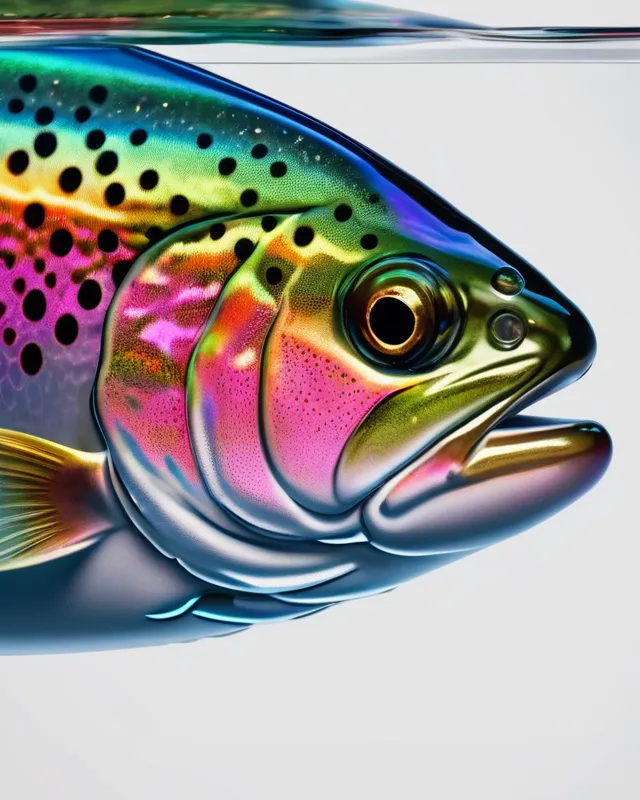 Transparent glass rainbow trout extremely detailed intense colors, realism, fantasy art, cinema 4d, hyperrealism, trending on artstation, beautiful, photorealistic, imax, octane render