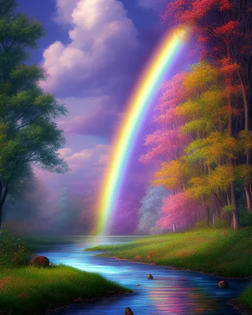 very detailed beautiful rainbow over detailed trees and a very detailed river