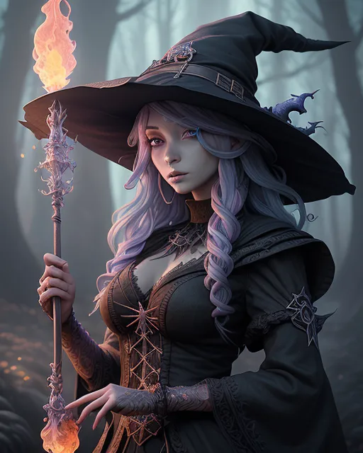 A beautiful witch shooting fire out of a magical staff, intricately detailed staff,  digital illustration,  extreme detail,  digital art,  4k,  ultra hd,  detailed,  vibrant,  anime face,  sharp focus,  character design,  wlop,  character design, beautiful fantasy landscape,  realistic and natural,  cosmic sky,  detailed full-color,  nature,  hd photography,  elements by nasa,  magical,  detailed,  gloss,  hyperrealism,  colorful fantasy,  digital portrait,  artstation,  hd,  hyperrealism, cryengine