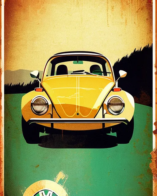 vintage vw beetle poster, in the style of rustic simplicity, gritty, rusty debris, hyper-realistic illustration, green and amber