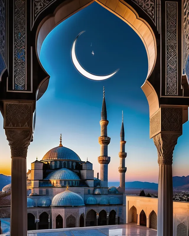 Beautiful blue mosque in the desert mountains at dusk with beautiful geometric designs engraved on the dome. A crescent moon in the sky. And a grey and white cat sleeping outside the gates. 