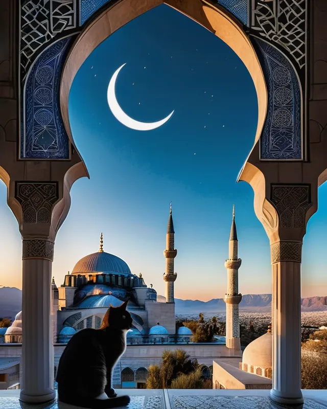 Beautiful blue mosque in the desert mountains at dusk with beautiful geometric designs engraved on the dome. A crescent moon in the sky. And a grey and white cat sleeping outside the gates. 