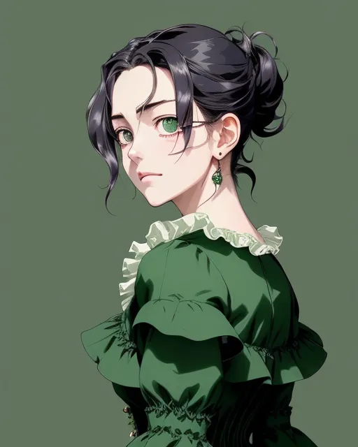 30 year old woman with one eye in the centre of her forehead dressed in a green victoriana frilly dress hyper real high definition 