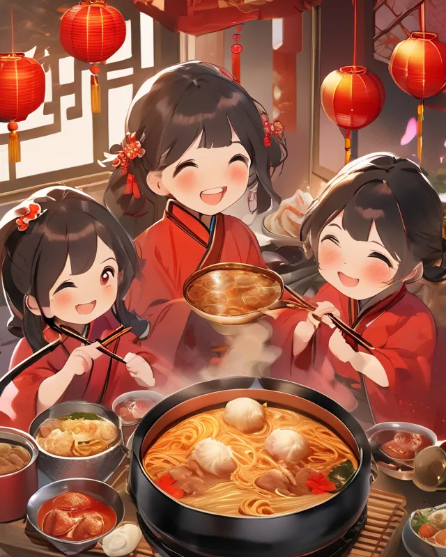 新年快乐! Chinese New year feast chinese family with red decorations and hotpot with noodles and dumplings cute aesthetic cosy house feast fireworks outside 