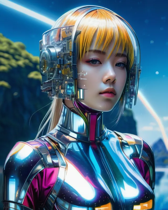 art by hajime sorayama,  Sci-Fi, hydrodipped, exposure, photorealistic dramatic anime girl, magical, lens flare, realistic landscape, line, minecraft, colorful, art by Ko Young Hoon, HSL