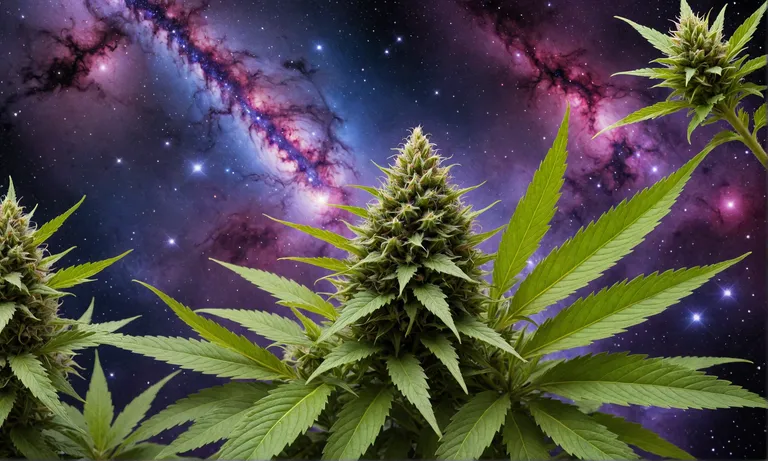 Imagine a vast expanse of space, filled with twinkling stars and swirling galaxies. Amidst this cosmic backdrop floats a magnificent garden, where colossal cannabis plants thrive in zero gravity, their leaves shimmering with hues of purple, blue, and green under the glow of distant suns.