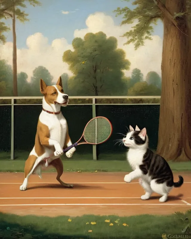 Cartoon Cat Playing Tennis, Fun Tennis Game, AI Art Generator