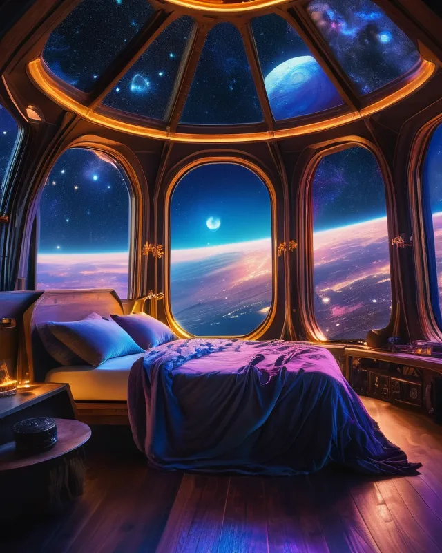 Medieval bedroom from a mysterious wizard inside spaceship with wooden interior and view of nebulae, clouds, planets through the windows at night in 8k , Starlight, night, raining, Hq, HD, 8k, 4k, vivid, beautiful,  colorful,  cosmic,  futuristic,  detailed,  golden hour,  iridescent,  vibrant,  mark brooks,  frank frazetta,  david mann,  kilian eng,  jeff koons,  digital painting,  hyperrealism,  surrealism,  octane render,  trending on artstation, astral, futuristic, galactic, beautiful, cosmic, hyperdetailed, infinity, moonscape, mysterious, ethereal, national geographic photo