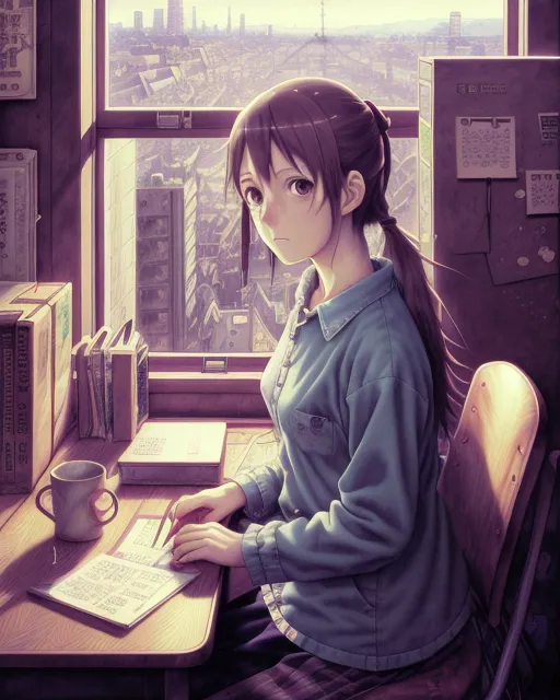 A girl in a office , Ufotable, Kodansha book cover, digital painting, digital illustration, extreme detail, digital art, 4k, ultra hd, beautiful fantasy landscape, neon, realistic and natural, detailed full-color, hd photography, galen rowell, david muench, james mccarthy, hirō isono, realistic surrealism, magical, detailed, gloss, hyperrealism, concept art, trending on artstation, vibrant, beautiful, alena aenami