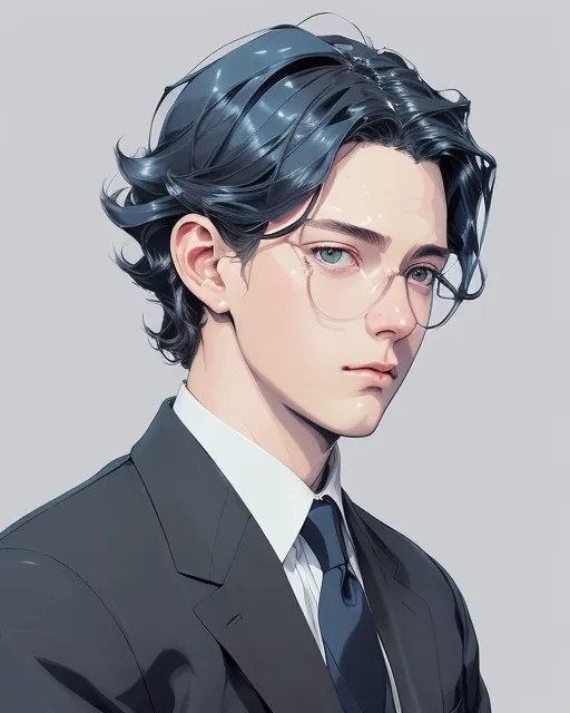 Man, blue eyes, shoulder length hair, black and white hair, wavy hair, office suit, digital painting,  digital illustration,  extreme detail,  digital art,  4k,  ultra hd, victo ngai, sunny, oil on canvas