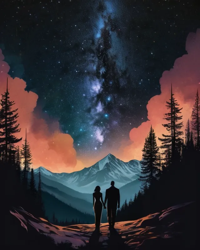 My love is on fire. Mountains tall and peaks high. Trees surrounding. A man with a bald head and bearded rugged silhouette holding hands with a woman hair length to her shoulders gazing at the stars.  Their heads towards each man glancing at the sky woman glancing at her love mountainous and full.of stars in the sky