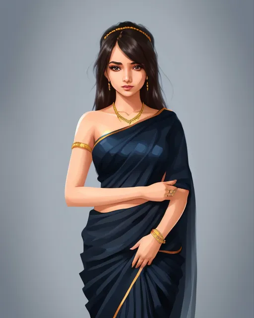 A illustration of a women wearing dark blue saree 