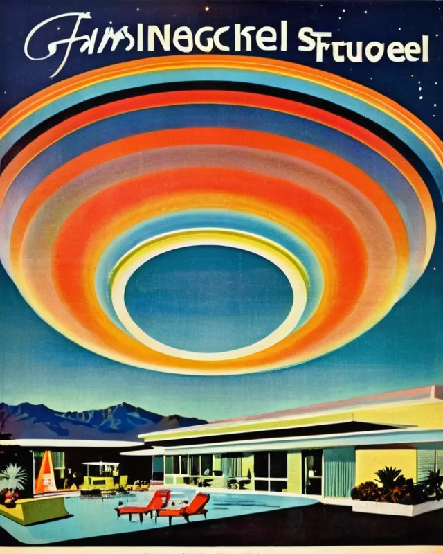 1960s painting advertisement for a hotel on Saturn’s rings, vintage, retro, bright, Palm Springs era, old Las Vegas era, jet age, space time, Saturn’s rings, space age, nuclear technology