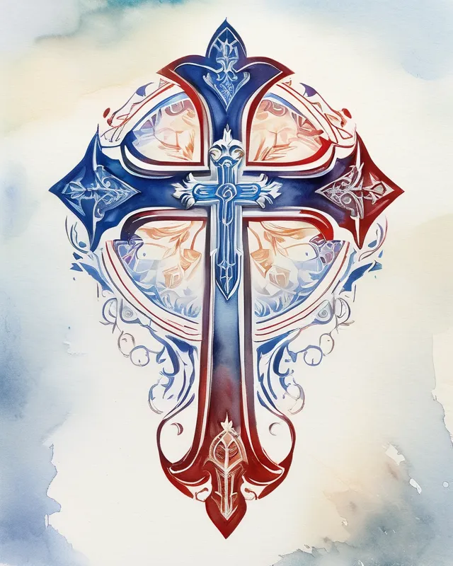 Royal emblem, orthodox christian cross in the middle, colours from top to down blue white red, complex, infinity, beautiful watercolor painting,  realistic,  detailed,  painting by olga shvartsur,  svetlana novikova,  fine art,  soft watercolor