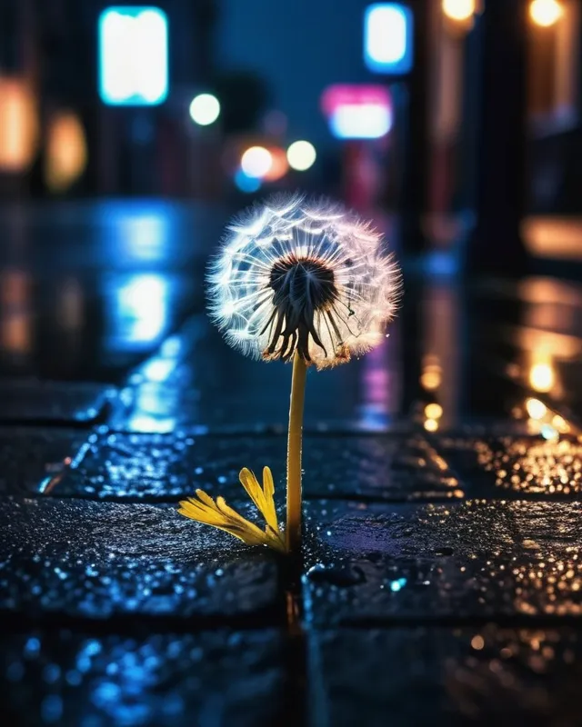 A dandelion growing in a sidewalk crack near a rain soaked city street, neon light, rain, night time, hd, cinematic, dramatic, eerie, 8K