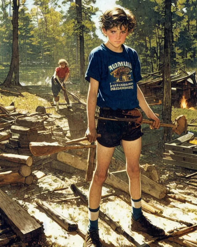 A teenage boy chopping wood.