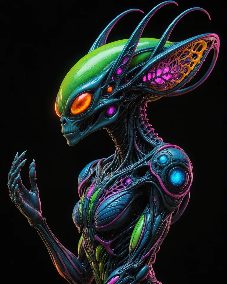 Unique never before seen alien creature, hyperdetailed, prismatic neon colours, vivid colours, gel pens