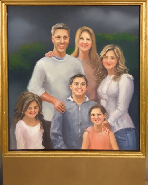 An oil painting of a [family portrait], with some [people laughing and smiling] to show their personality. Use [soft brushstrokes] and a [gentle color palette] to convey warmth and connection