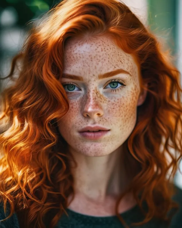 High quality portrait photograph of an Incredibly beautiful ginger haired woman with freckles. wavy hair, raw photo