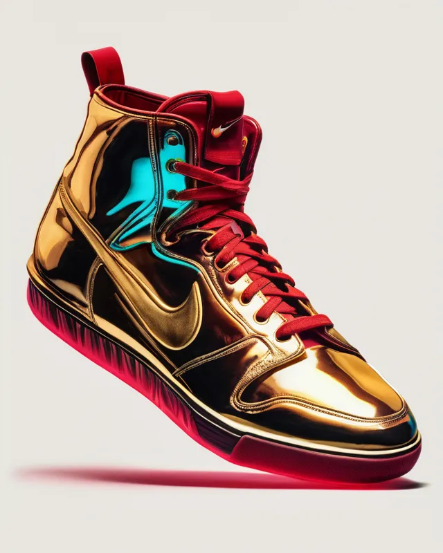 Clever, Nike, leather sneaker, iron man, red and gold, concept art, concept art, watercolor, psychedelic, glowing neon, jeff koons, crayon, digital painting, futurism, 3d mandelbulber, marvel comics, colourful lighting, studio lighting, made of glass, andy warhol