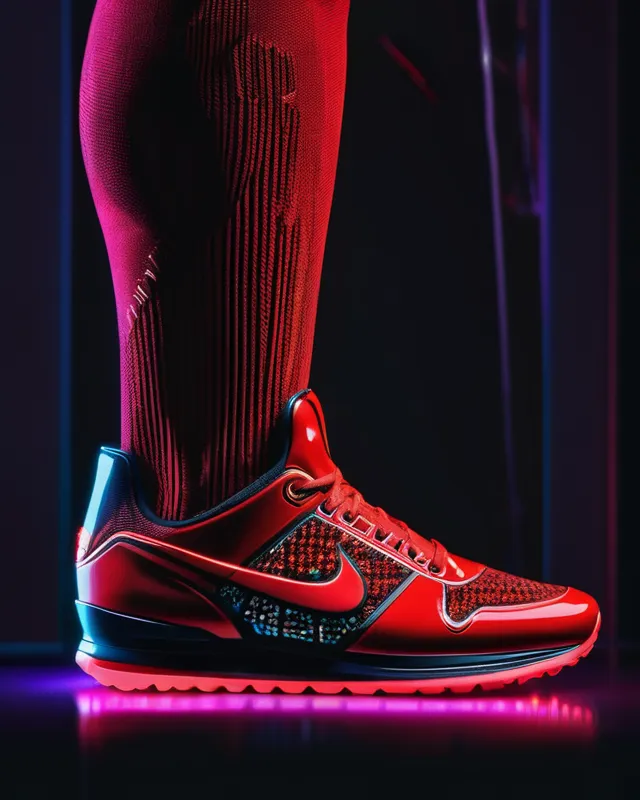 Clever, Nike, leather sneaker, Deadpool, red, black, knitted logo, black rubber sole, concept art, kilian eng, psychedelic, glowing neon, jeff koons, yoshitaka amano, crayon, acrylic on canvas, art nouveau, 3dsmax, 3d mandelbulber, unity 3d, comic style, digital illustration, simplified real 3d, marvel comics, deep depth of field, colourful lighting, studio lighting, studio lighting, made of glass, De Stijl, andy warhol, space age design