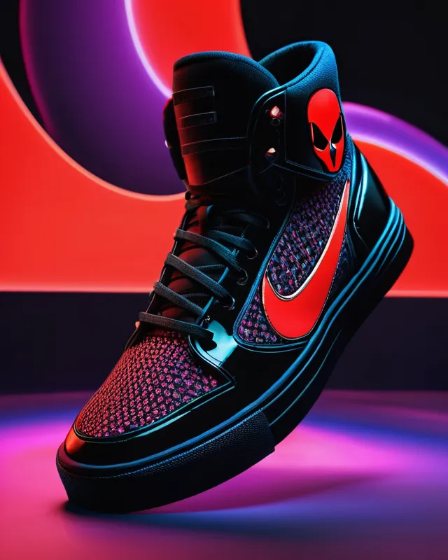 Clever, Nike, leather sneaker, Deadpool, red, black, knitted logo, black rubber sole, concept art, kilian eng, psychedelic, glowing neon, jeff koons, yoshitaka amano, crayon, acrylic on canvas, art nouveau, 3dsmax, 3d mandelbulber, unity 3d, comic style, digital illustration, simplified real 3d, marvel comics, deep depth of field, colourful lighting, studio lighting, studio lighting, made of glass, De Stijl, andy warhol, space age design