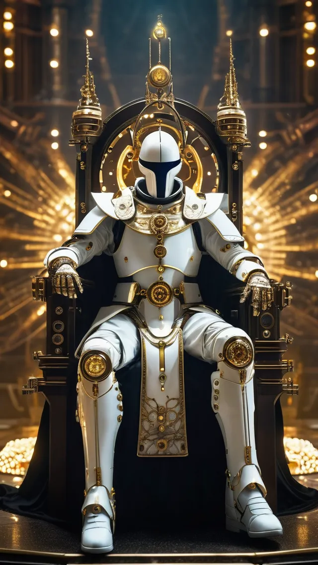 Mech Pope sitting on a golden throne, - AI Photo Generator - starryai