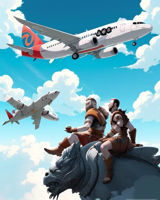 The god of war and the god of the universe having tea on a cloud and a Boeing 737 passing by in the background 