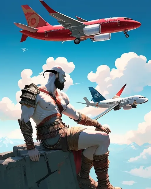 The god of war and the god of the universe having tea on a cloud and a Boeing 737 passing by in the background 