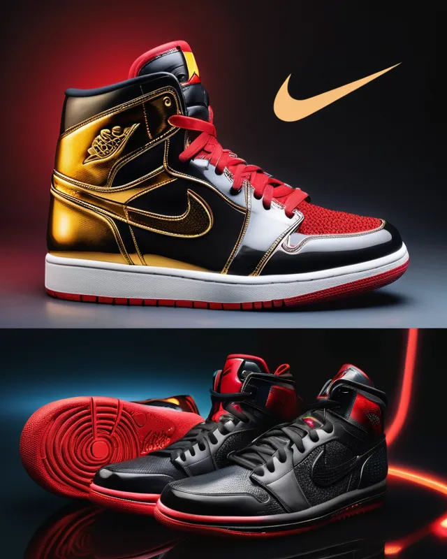 Creative, custom, Nike, air Jordan, leather, knitted, black, red, gold, concept art, cosmic, jeff koons, digital painting, crayon, simplified real 3d, 3d animation, comic style, game art, marvel comics, colourful lighting, studio lighting, made of glass, made of steel