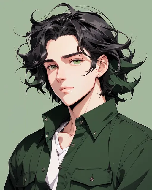 A masculine man with long black curly hair and green eyes