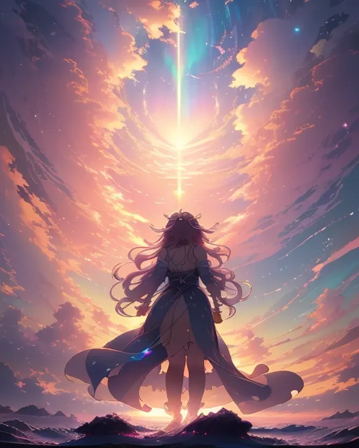 A girl staring off into the sunset melting into the sky long flowing hair, akihito yoshida, astral, galactic, aurora, beautiful, fantasy art