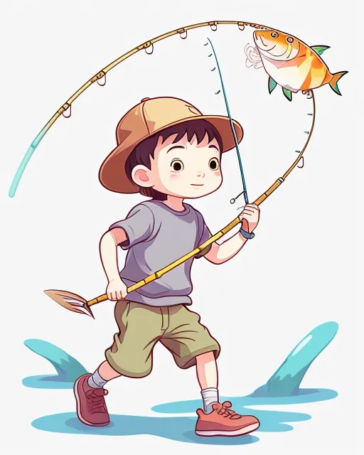 Same picture with variations of it. (Boy fishing, catching a fish) same theme and art style., 2d animation, studio ghibli, children’s book illustration, doodling