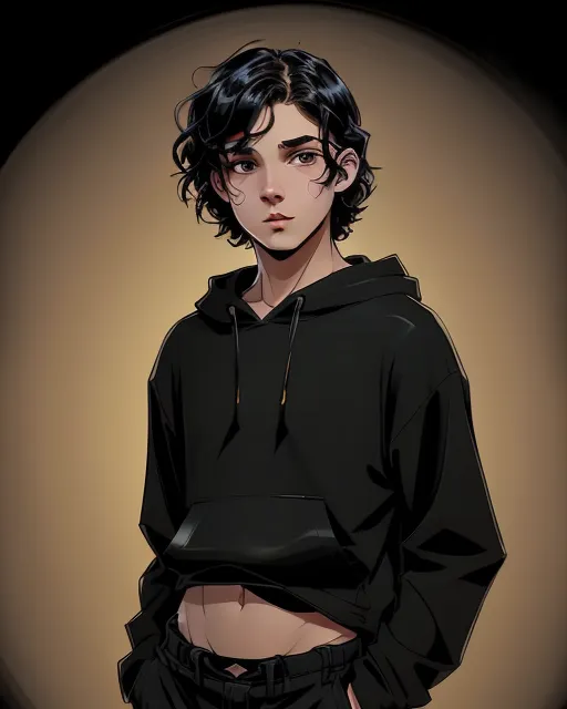 20 year old male with slightly muscular arms, slightly muscular legs, with a toned body, with black wavy shoulder length hair with a soft, feminine looking face, with medium-tan colored skin, golden-hazel almond shaped eyes, thin arched eyebrows, wearing a baggy black hoodie
